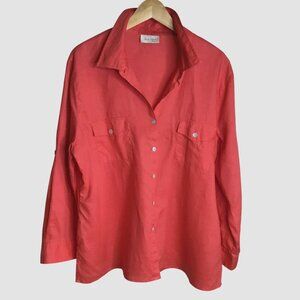 STUDIO WORKS Orange Coral Linen Button Front Tab Sleeve Shirt Blouse Womens L
